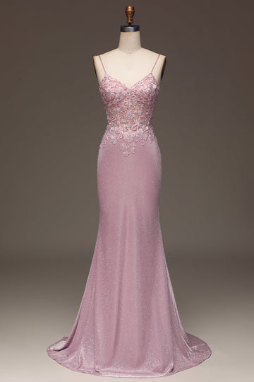 Glitter Blush Mermaid Spaghetti Straps Long Ball Dress with Beading